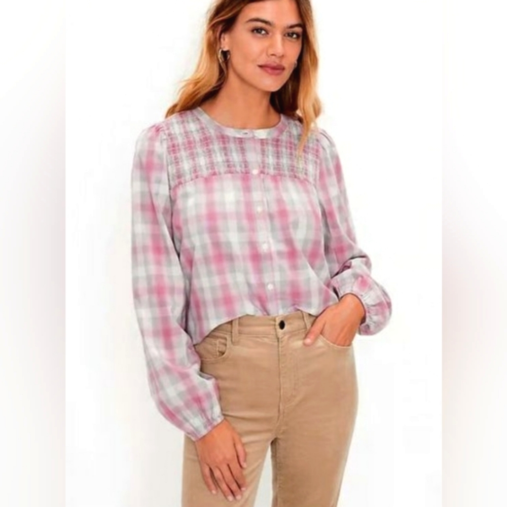 NWT LOFT Anne Taylor Pink Plaid Tartan Smocked Button-Up Shirt Blouse Size XS